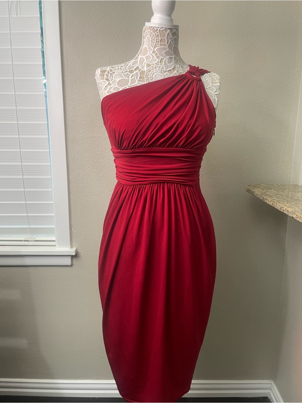 Maggy London Red One-Shoulder Ruched Dress Size 8